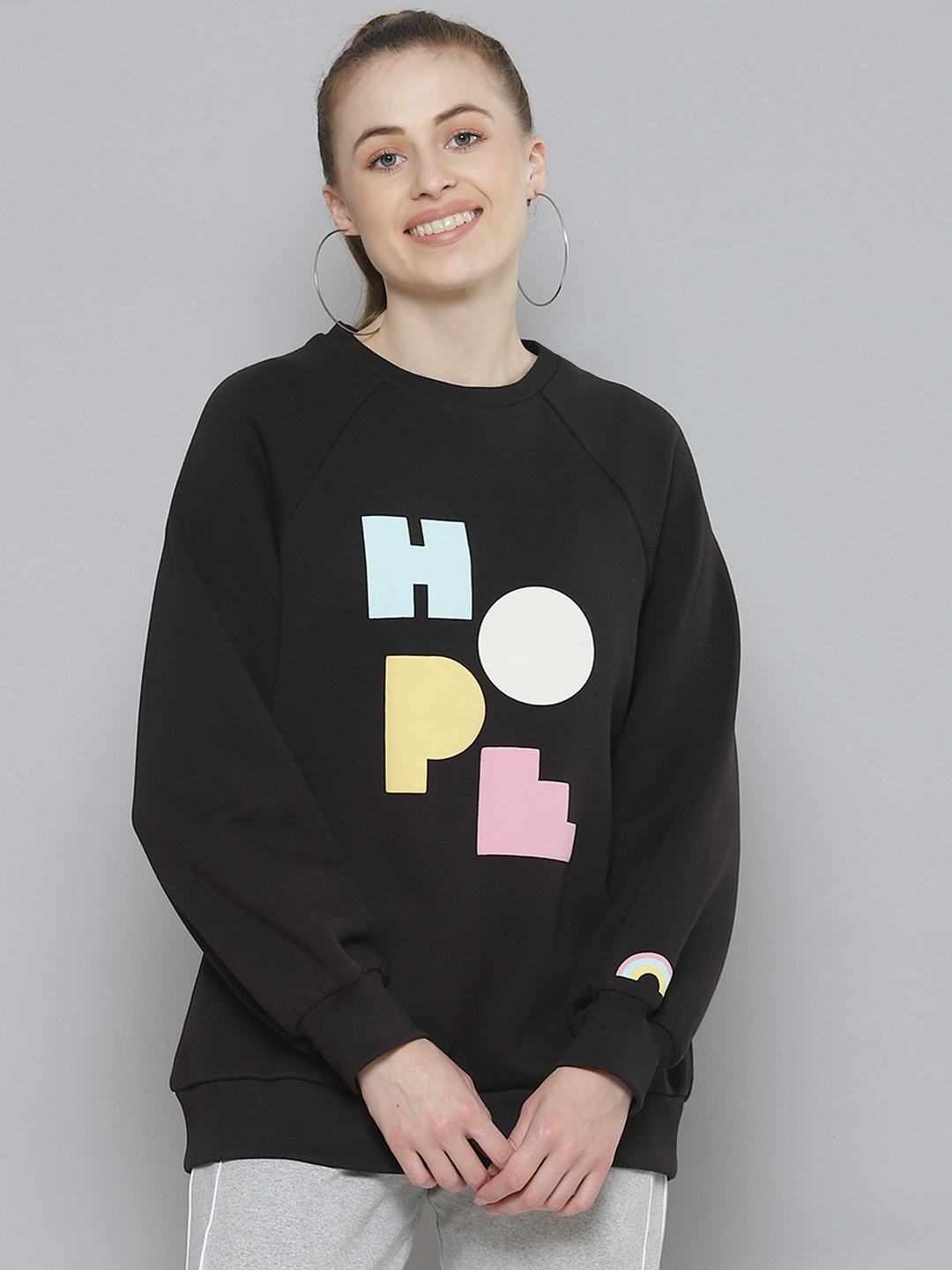 

Femella Women Black Fleece Printed Sweatshirt