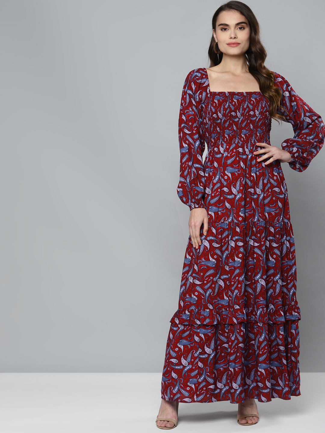 

Femella Maroon Paisley Printed Smocked Maxi Dress