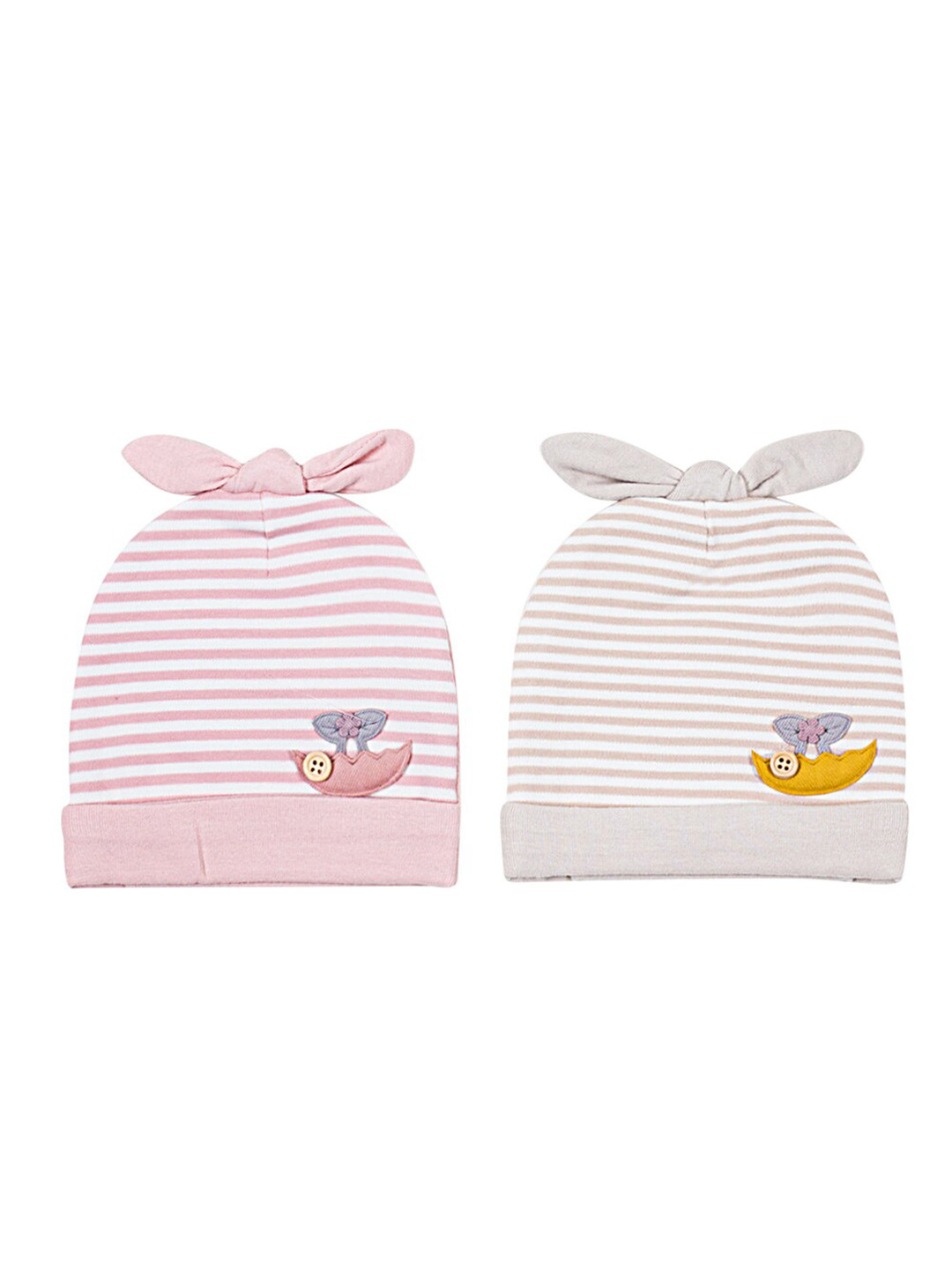 

Baby Moo Unisex Kids Pack Of 2 Pink & Brown Striped Beanie Caps with Bow