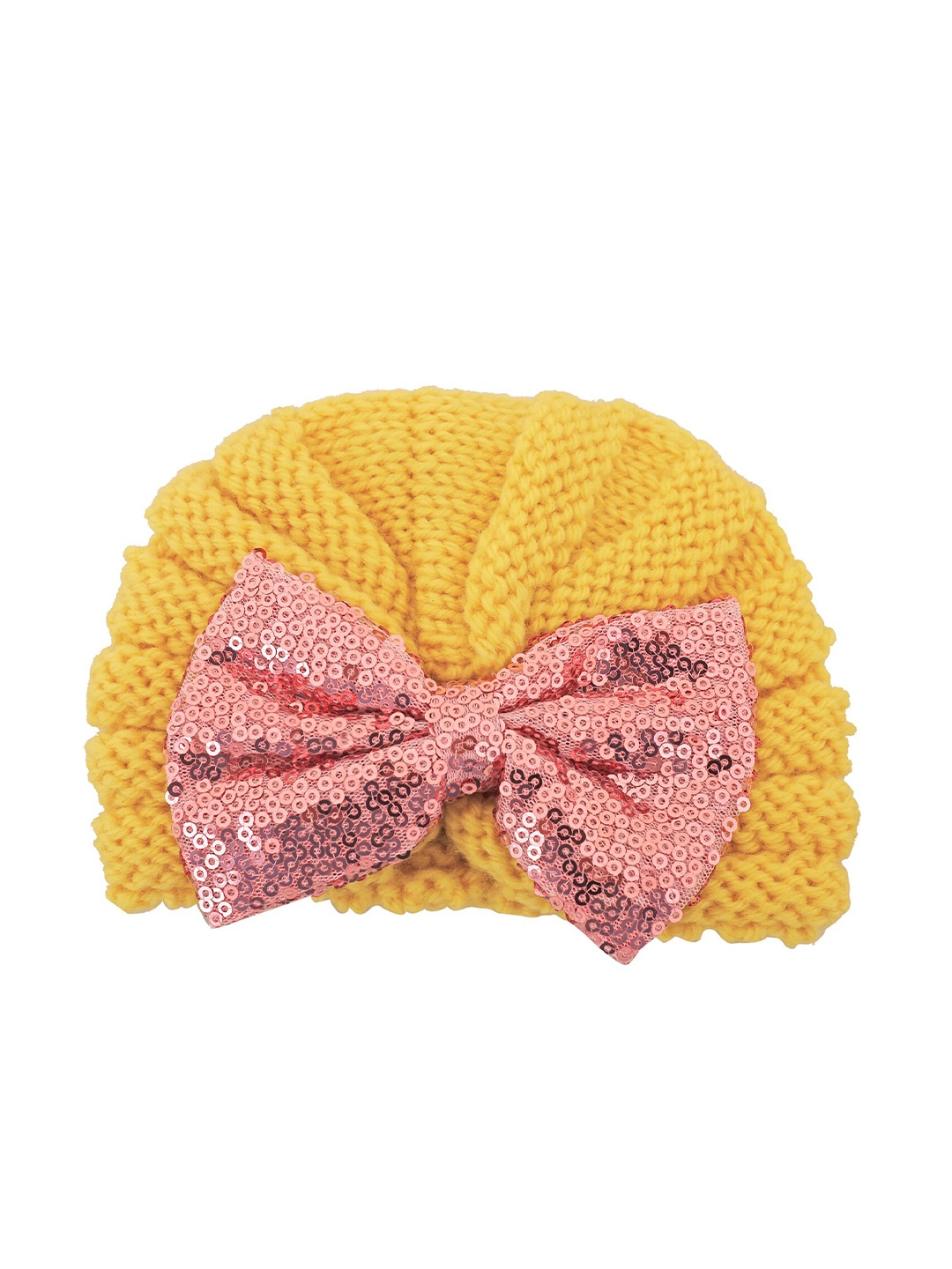 

Baby Moo Girls Yellow & Pink Woolen Bow Turban Cap