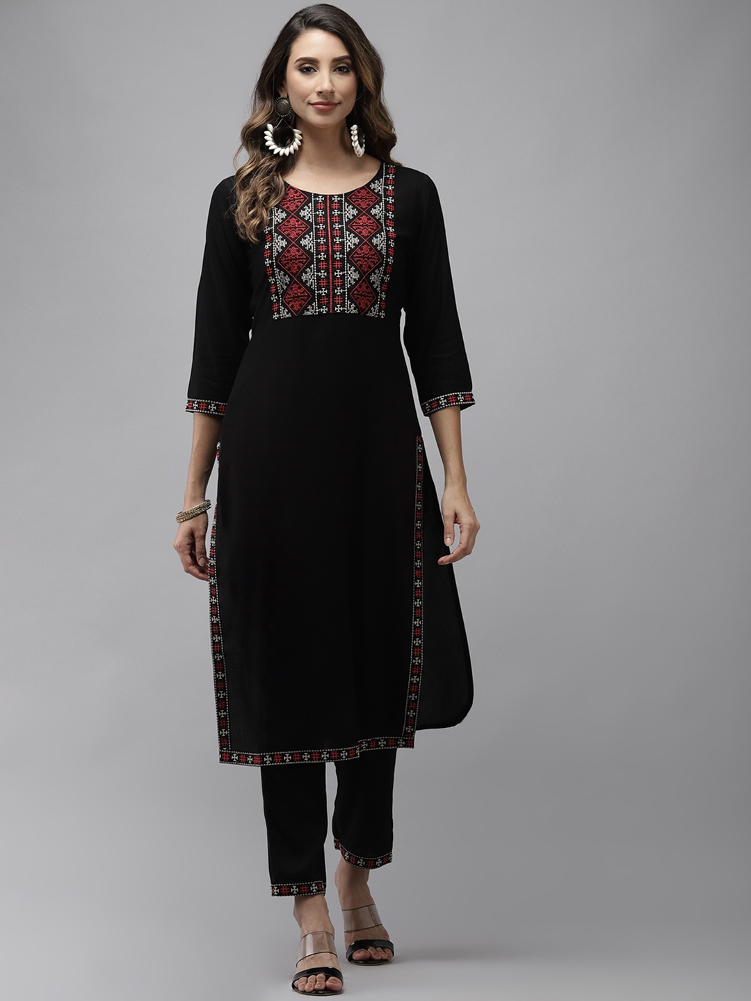 

Yufta Women Black Yoke Design Thread Work Kurta with Trousers