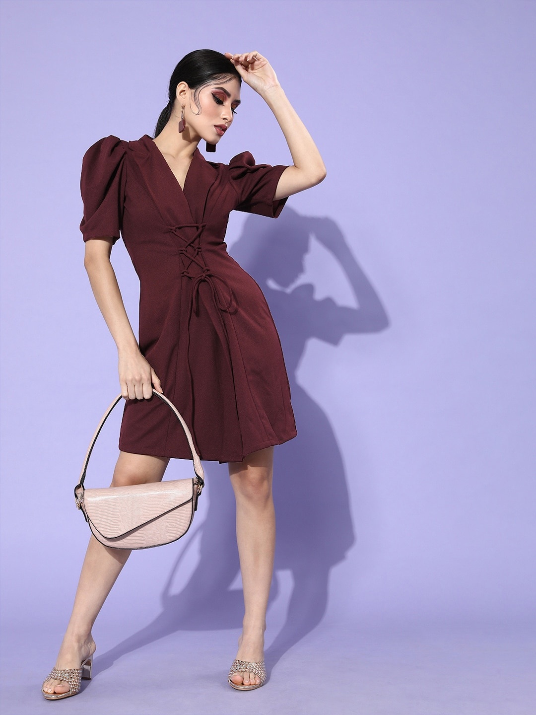 

Athena Burgundy Lace-Up Detail Blazer Dress