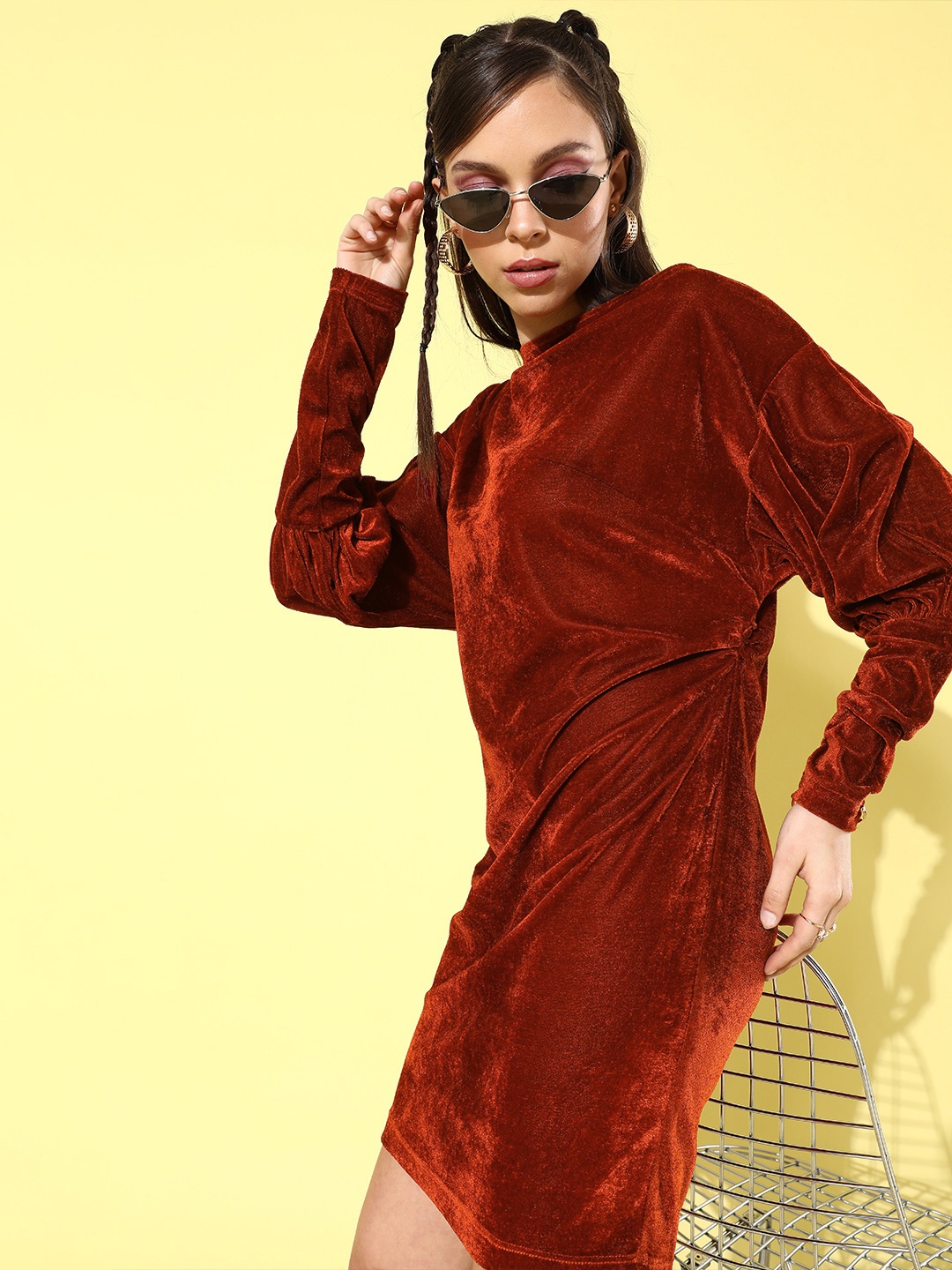 

QUIERO Women Chic Rust Solid Velvet Dress