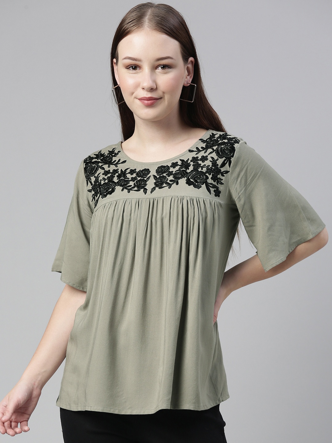 

Selvia Green Embroidered Floral Top