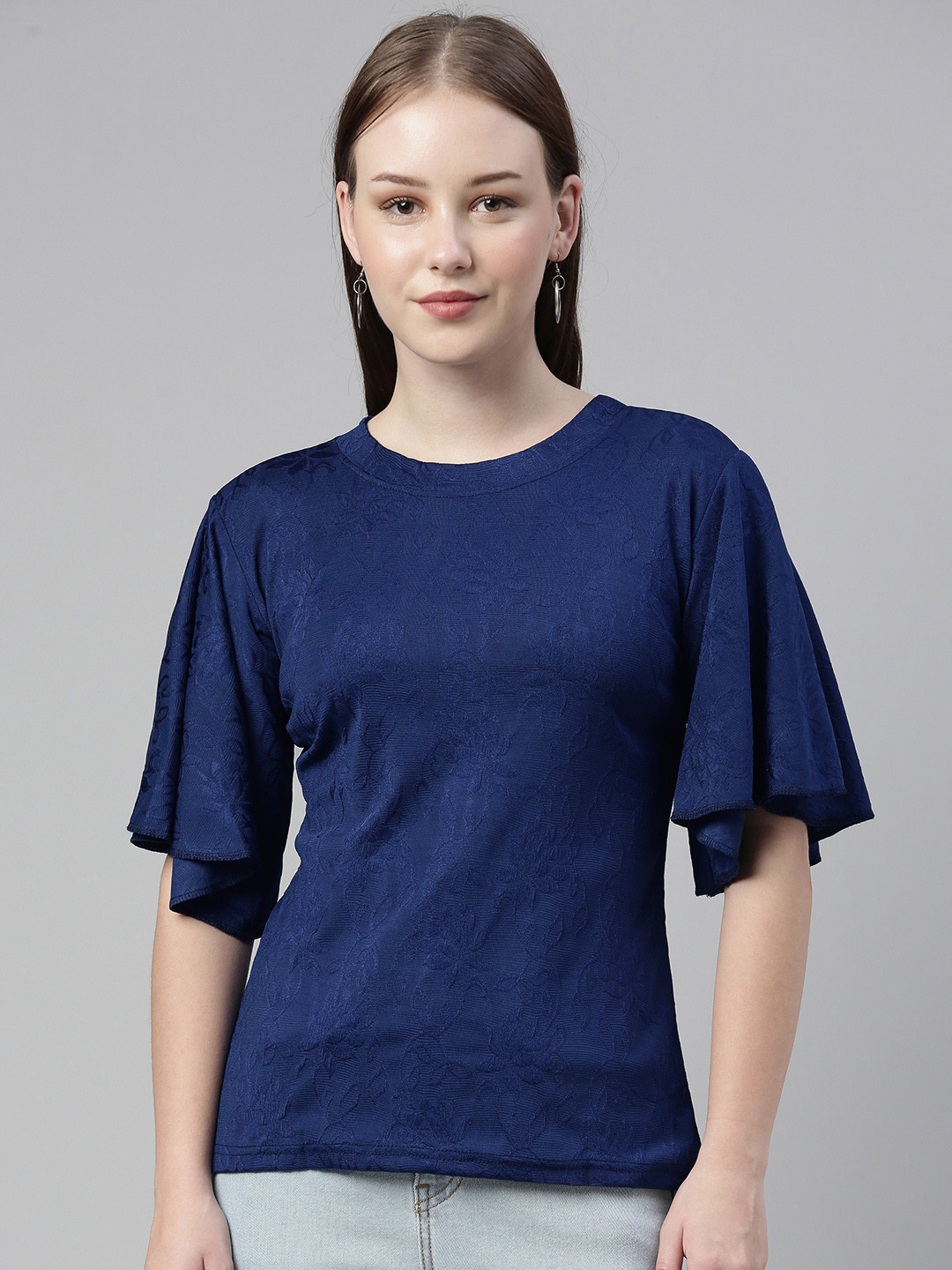 

Selvia Navy Blue Self Design Regular Top
