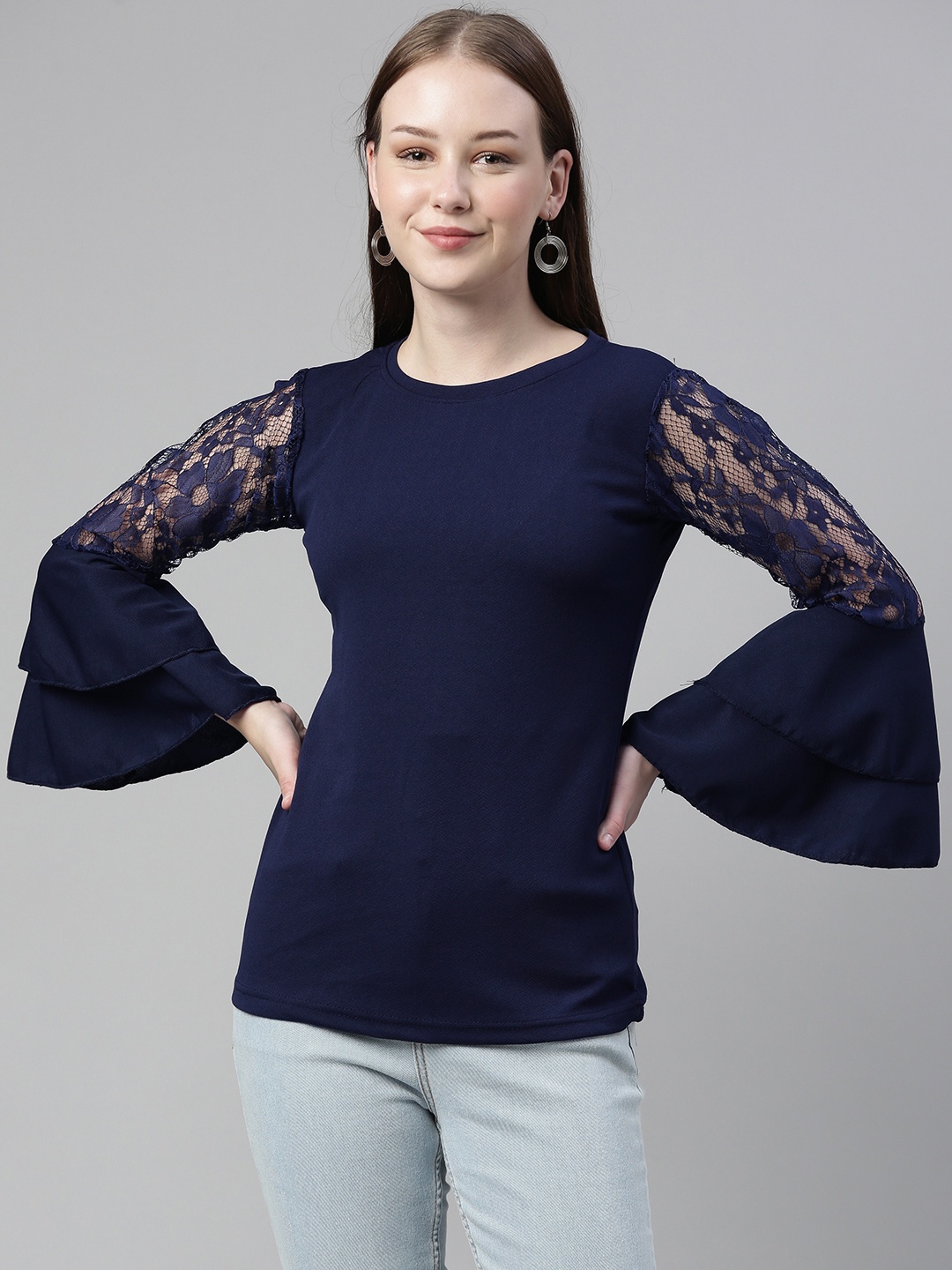 

Selvia Navy Blue Top with Lace Inserts