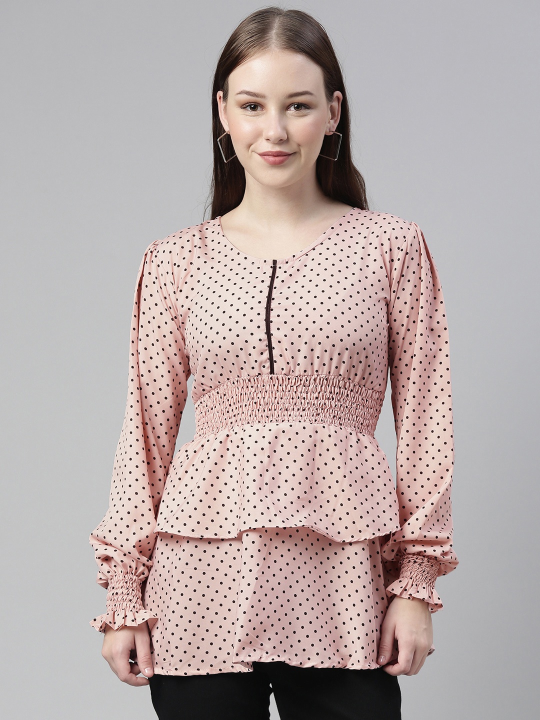 

Selvia Pink & Black Polka Dotted Crepe Cinched Waist Top