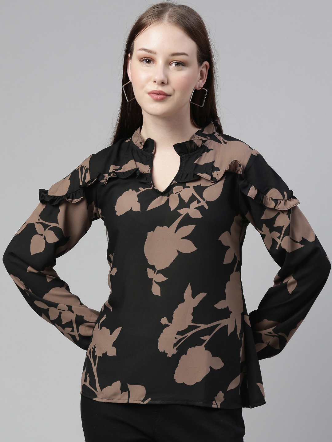 

Selvia Black Floral Printed Mandarin Collar Ruffles Georgette Top
