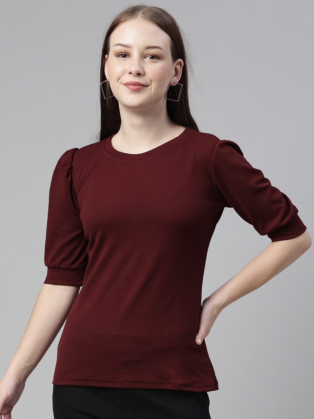 

Selvia Maroon Lycra Regular Top with Lace Inserts