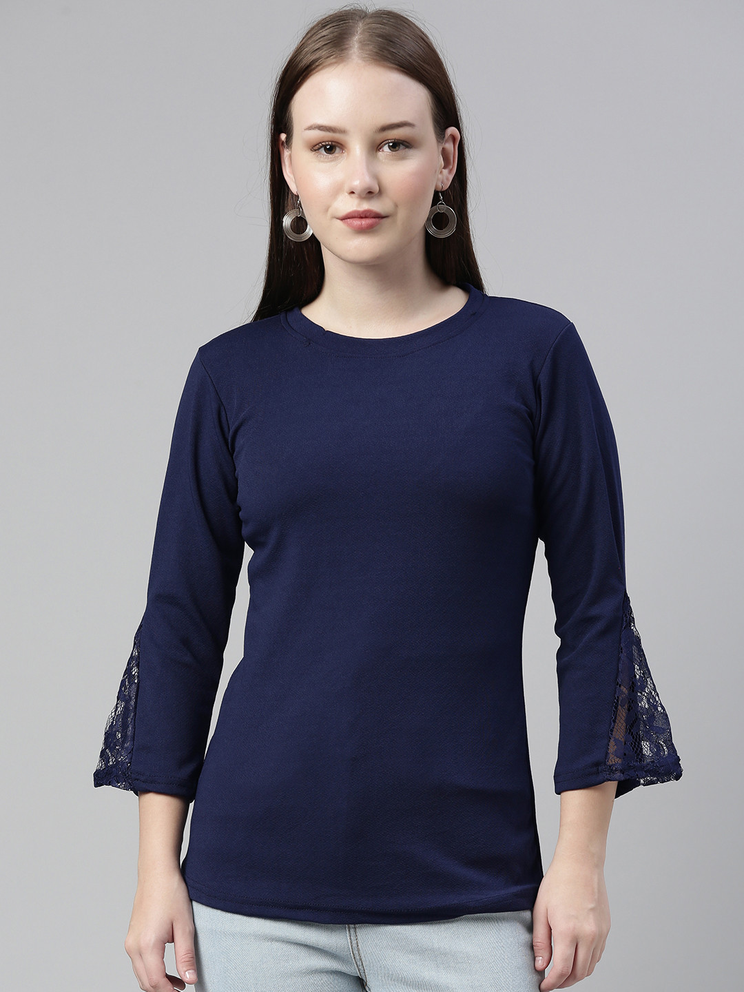 

Selvia Navy Blue Top with Lace Inserts
