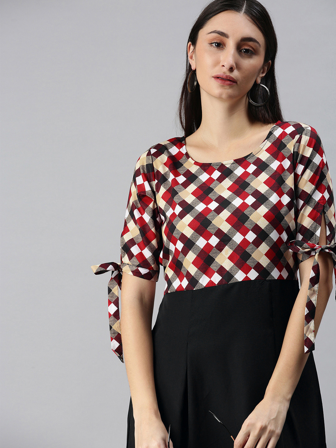 

Selvia Black Checked Crepe A-Line Dress