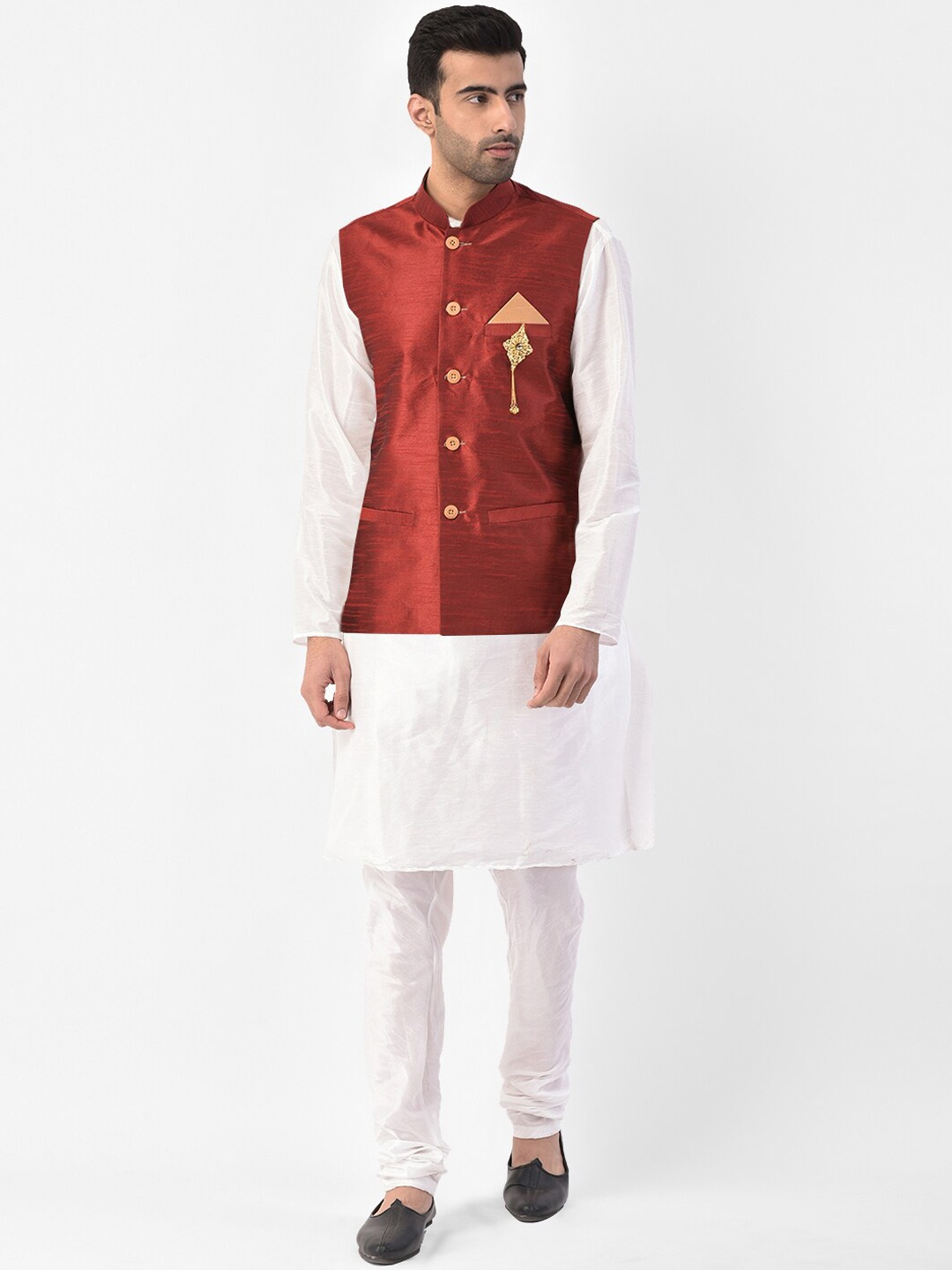 

SG LEMAN Men Maroon & White Raw Silk Kurta with Churidar & Nehru Jacket