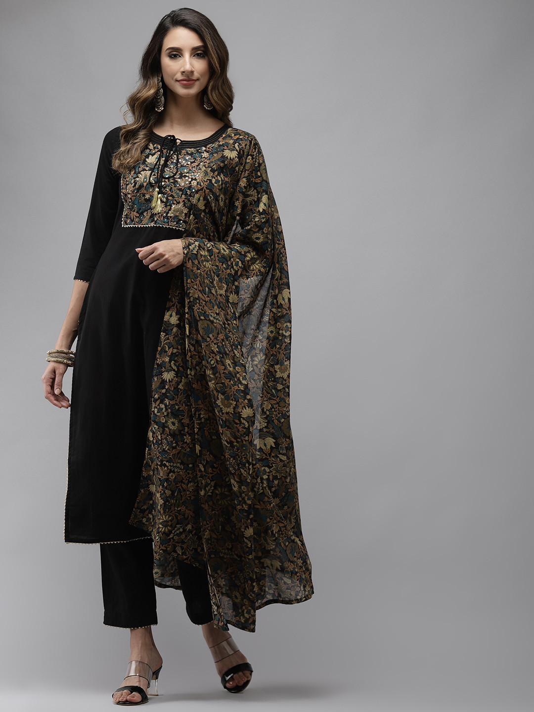 

Yufta Women Black Yoke Design Regular Sequinned Pure Cotton Kurta with Trousers & With Dupatta