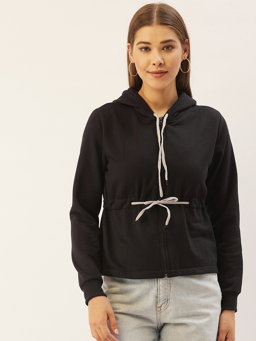

Belle Fille Women Black Solid Fleece Hooded Sweatshirt
