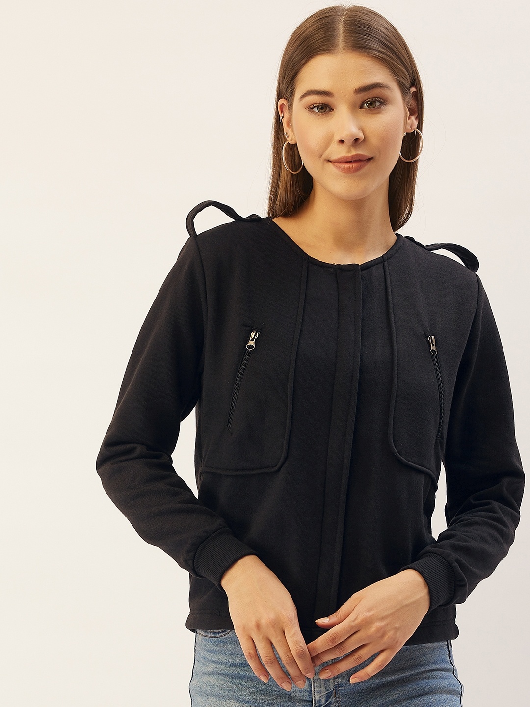 

Belle Fille Women Black Solid Fleece Lightweight Tailored Jacket