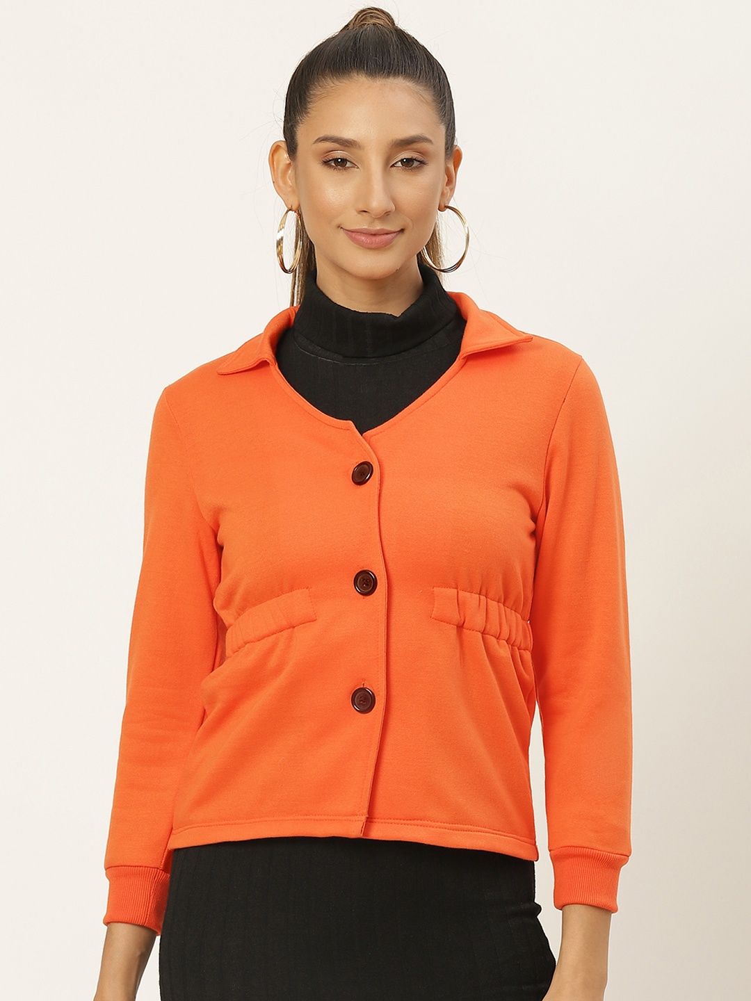 

Belle Fille Women Orange Solid Fleece Lightweight Tailored Jacket