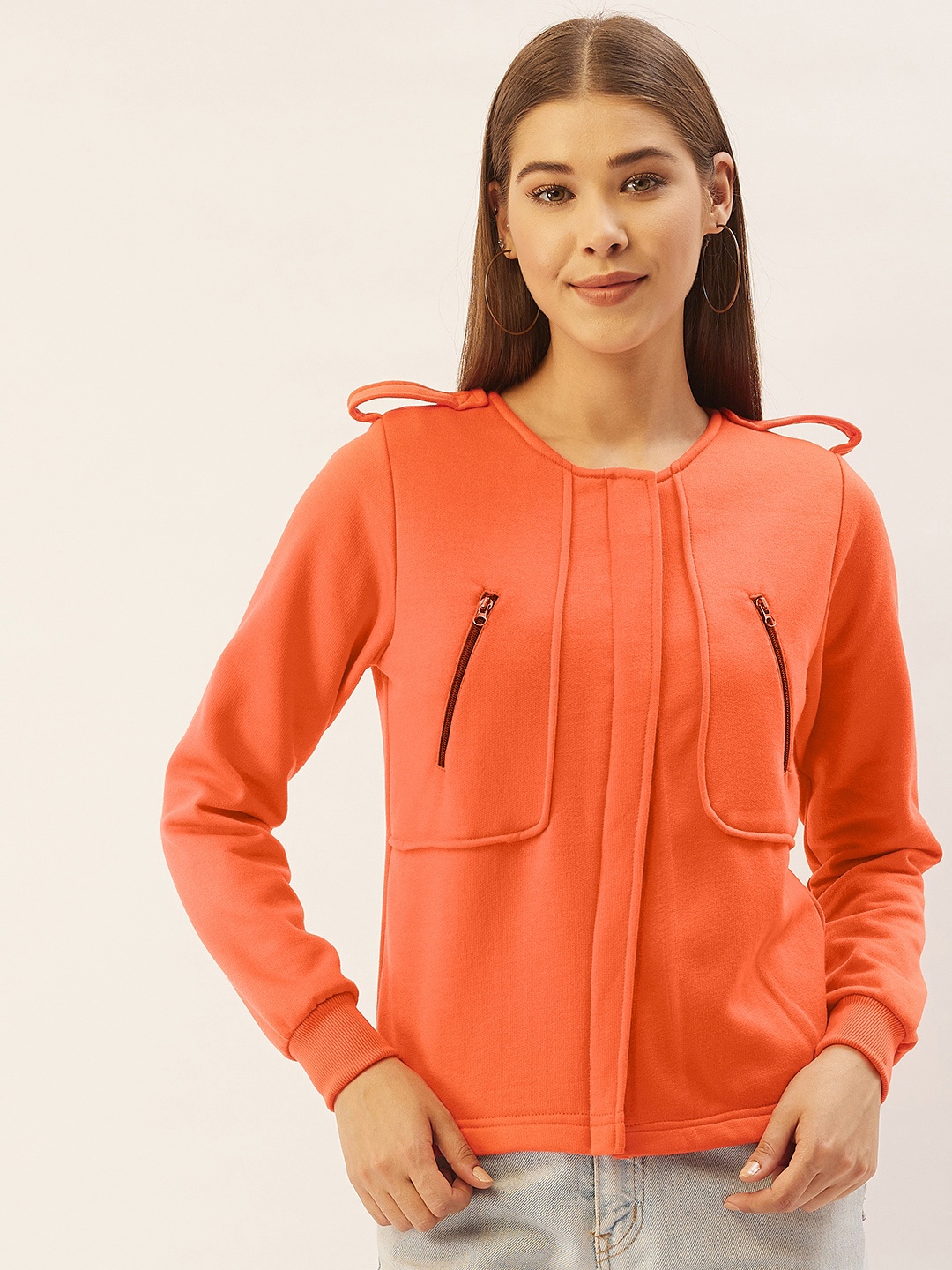 

Belle Fille Women Orange Solid Fleece Lightweight Tailored Jacket