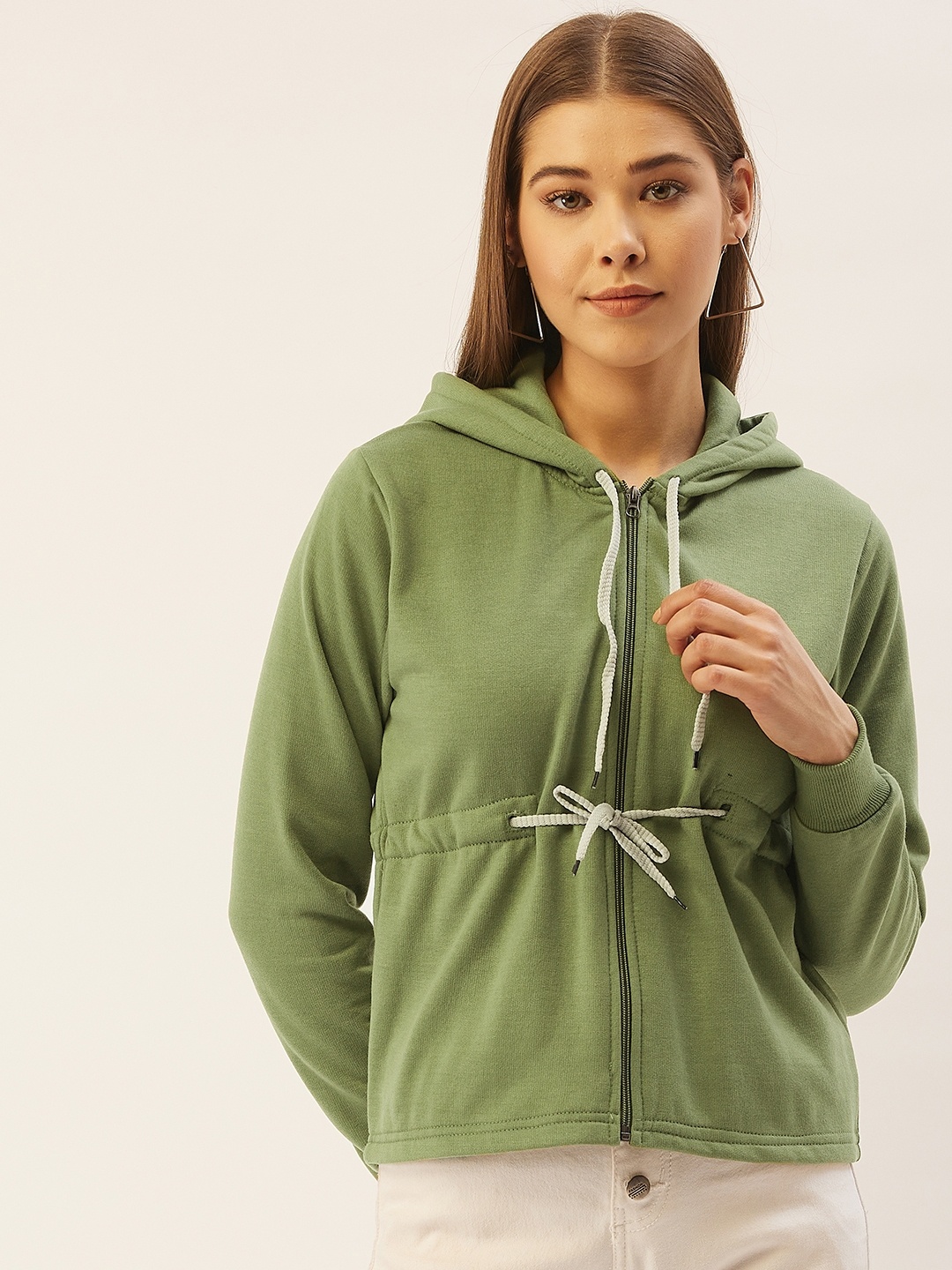 

Belle Fille Women Olive Green Solid Fleece Lightweight Tailored Jacket