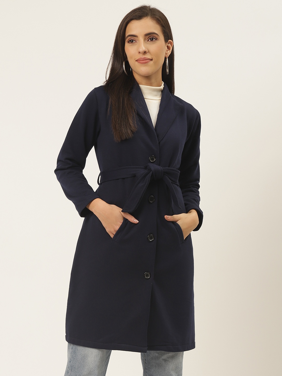 

Belle Fille Women Navy Blue Solid Fleece Longline Overcoat