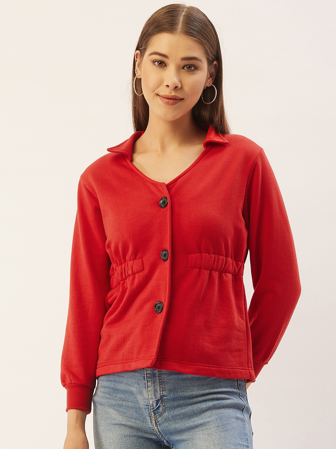 

Belle Fille Women Red Solid Fleece Lightweight Tailored Jacket