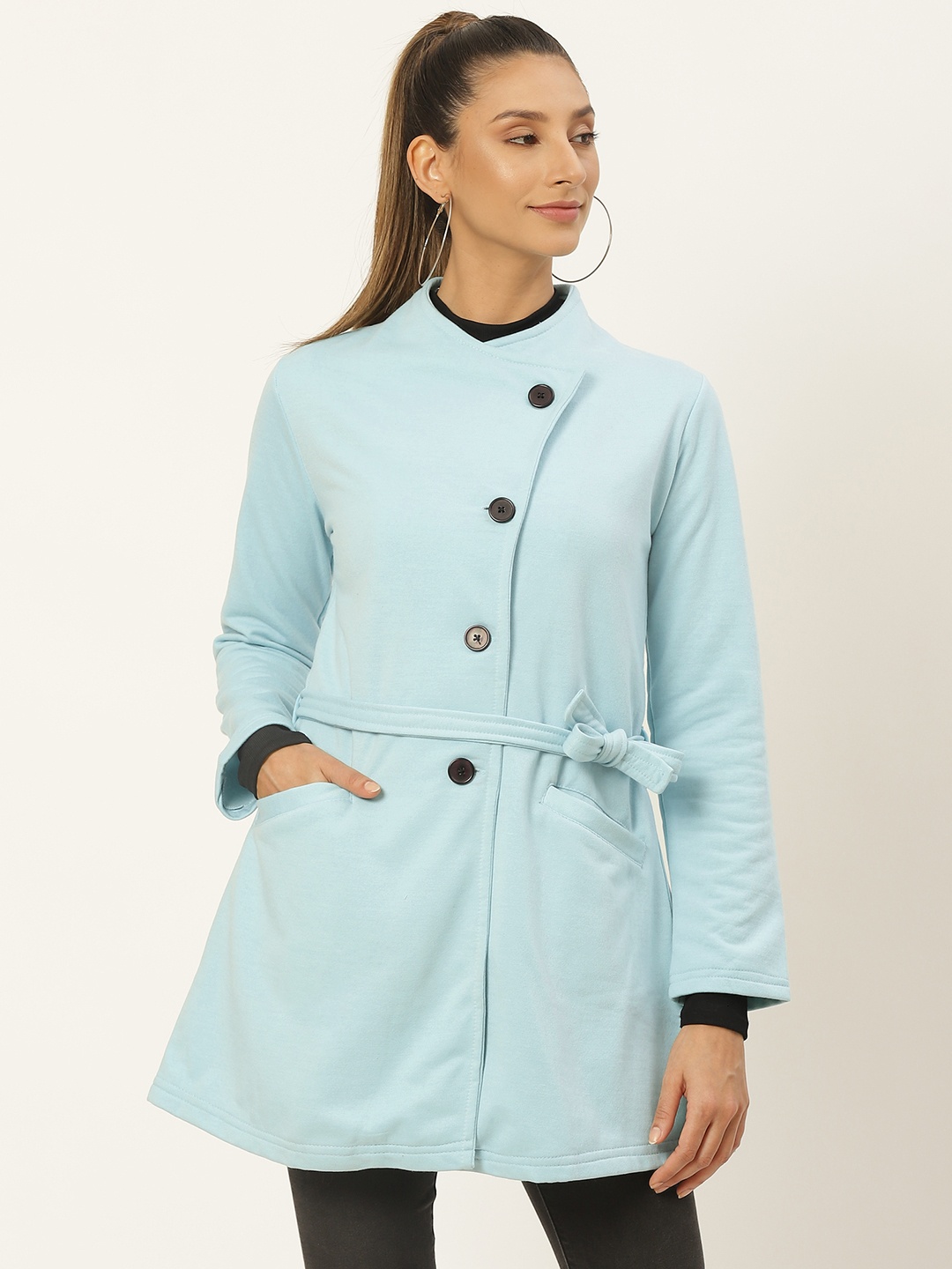 

Belle Fille Women Turquoise Blue Solid Fleece Lightweight Longline Tailored Jacket