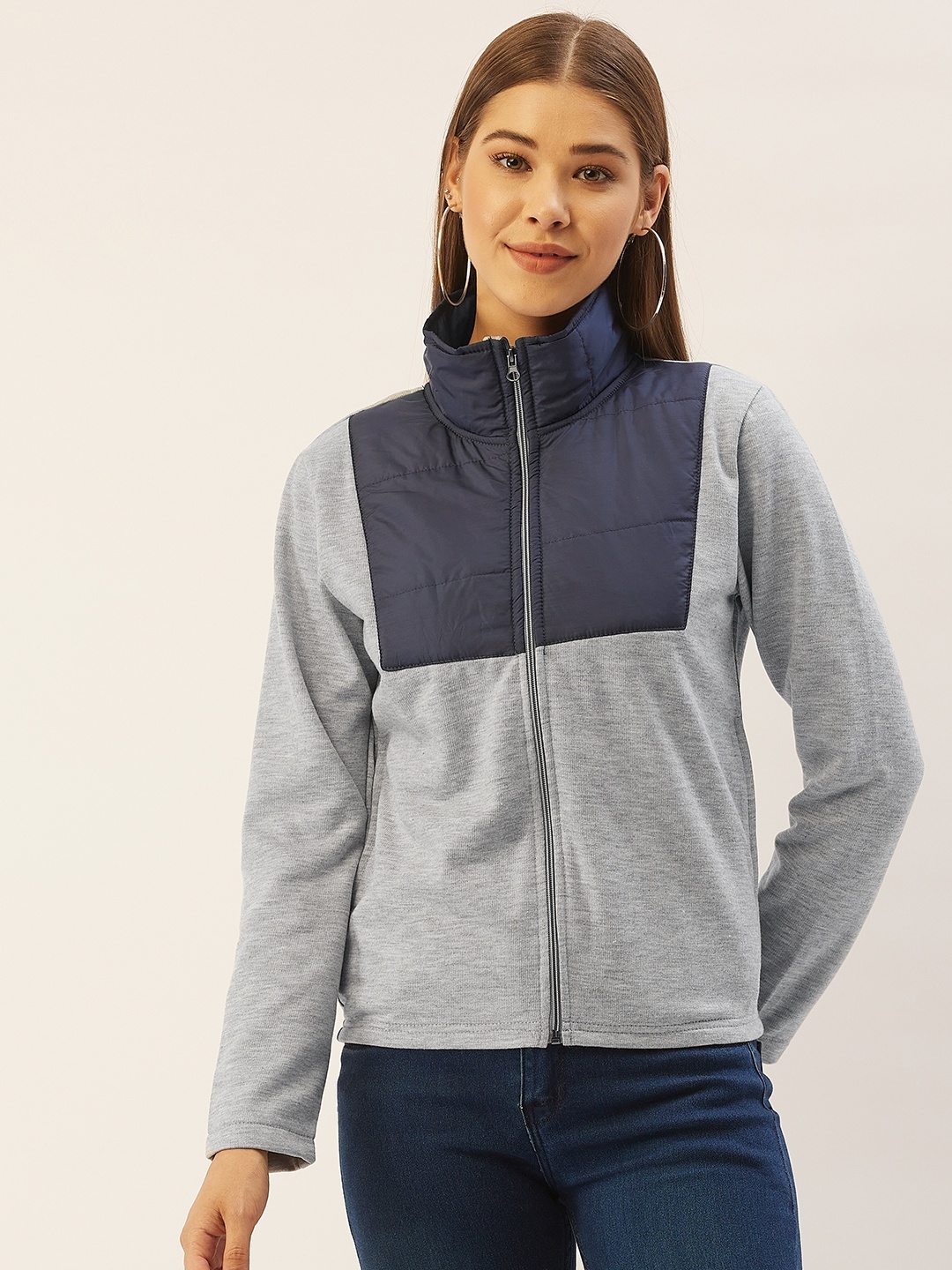 

Belle Fille Women Grey Melange & NavyBlue Colourblocked Fleece Lightweight Tailored Jacket