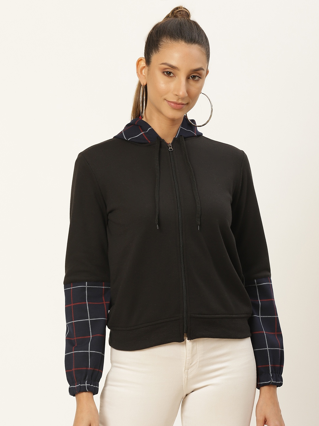 

Belle Fille Women Black & Navy Blue Colourblocked Fleece Lightweight Tailored Jacket