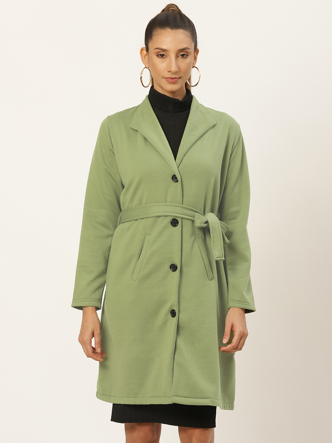 

Belle Fille Olive Green Solid Longline Over Coat