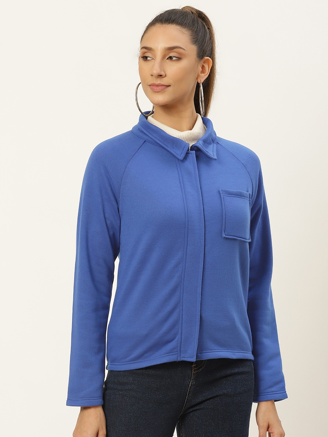 

Belle Fille Women Blue Solid Fleece Lightweight Tailored Jacket