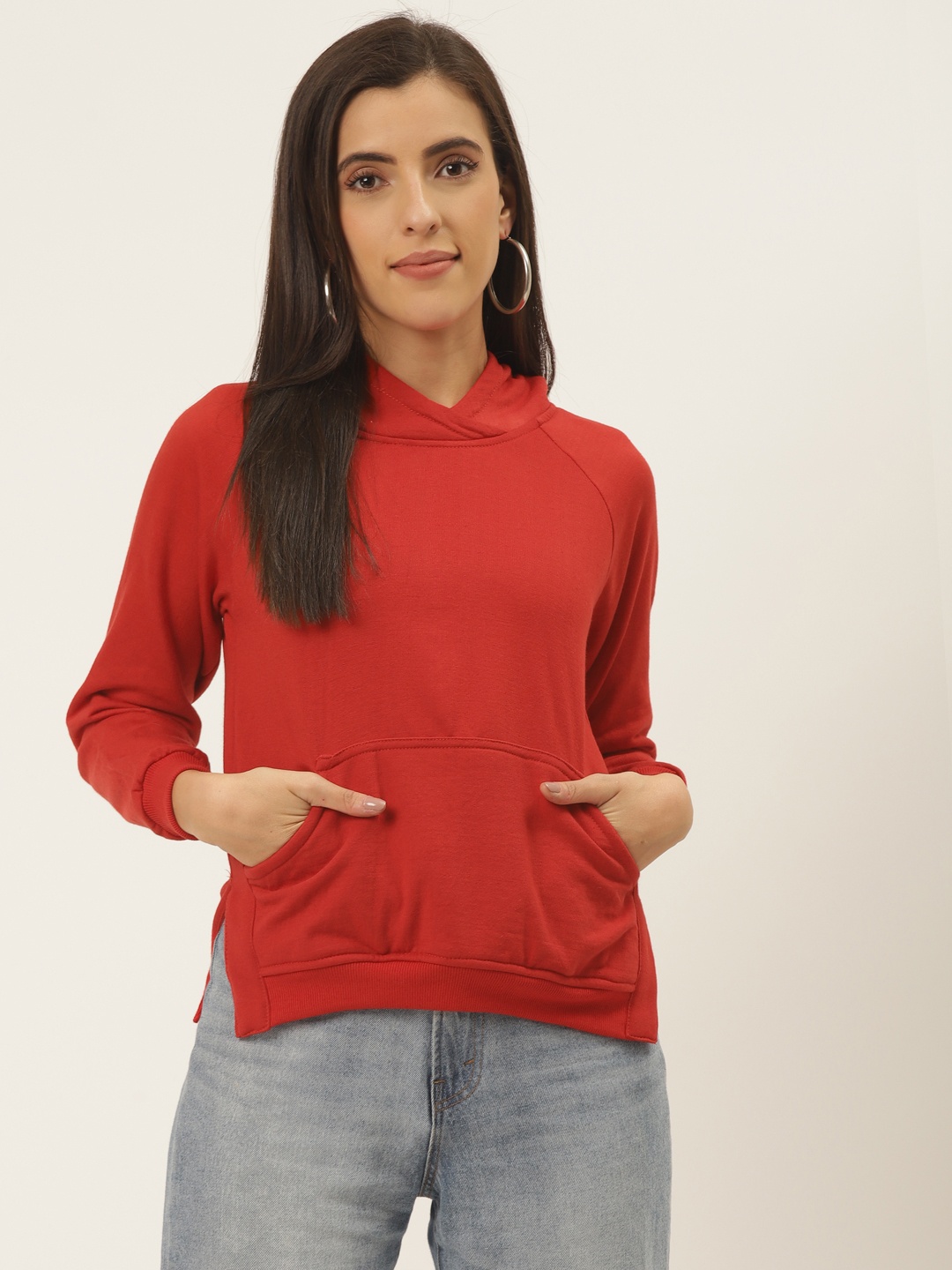 

Belle Fille Women Red Solid Hooded Sweatshirt