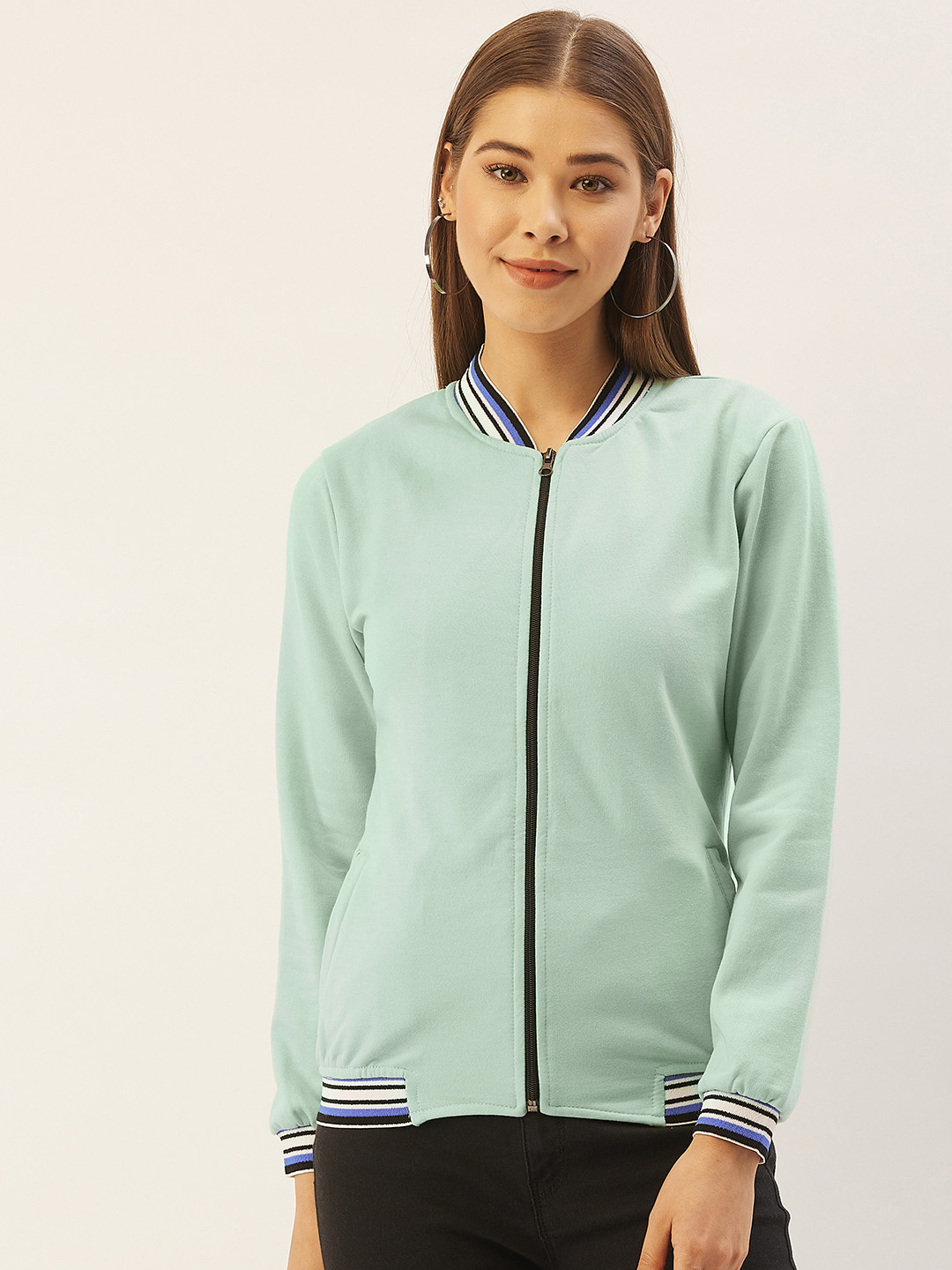 

Belle Fille Women Sea Green Solid Fleece Lightweight Bomber Jacket