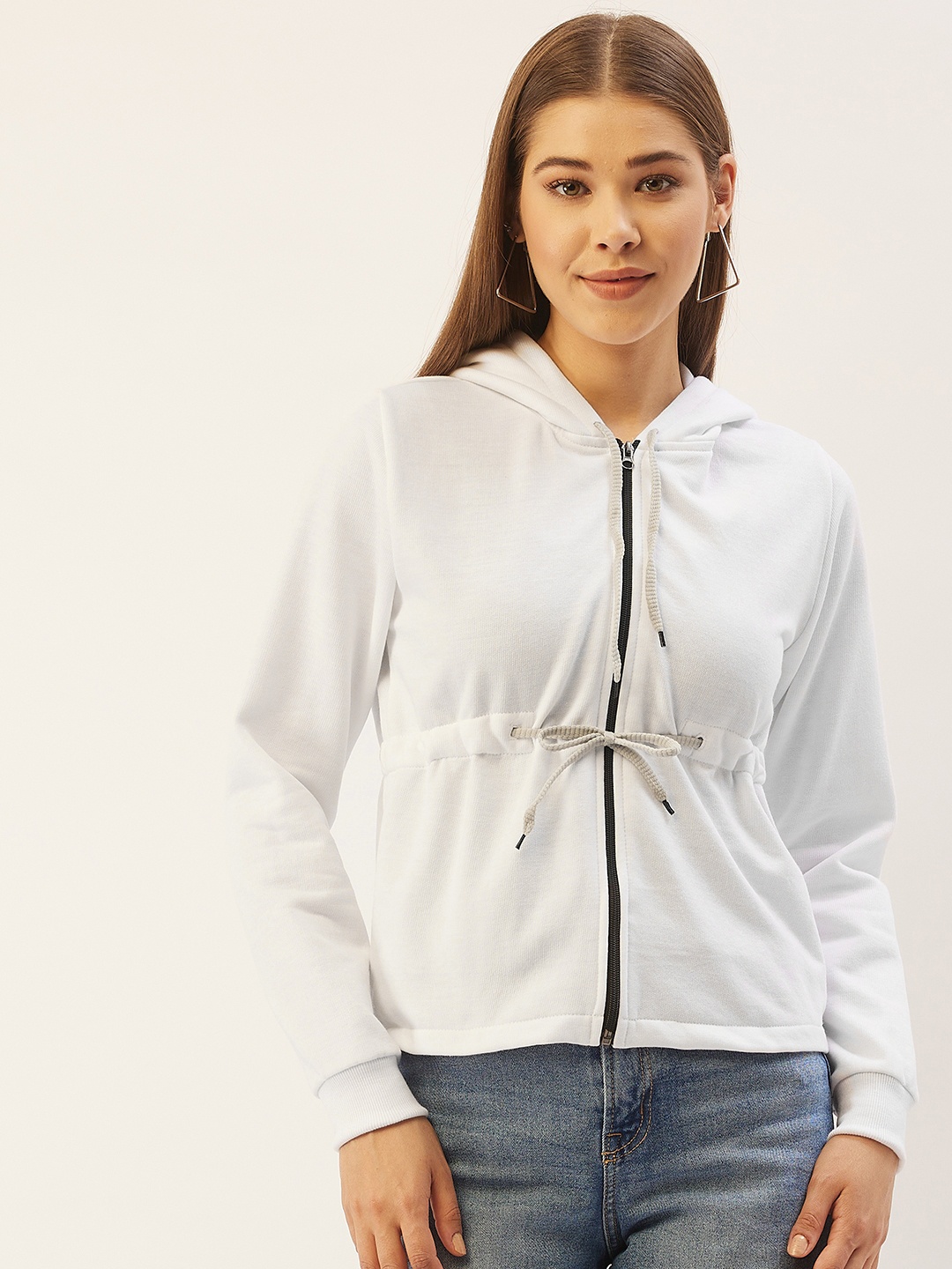 

Belle Fille Women White Solid Fleece Hooded Sweatshirt