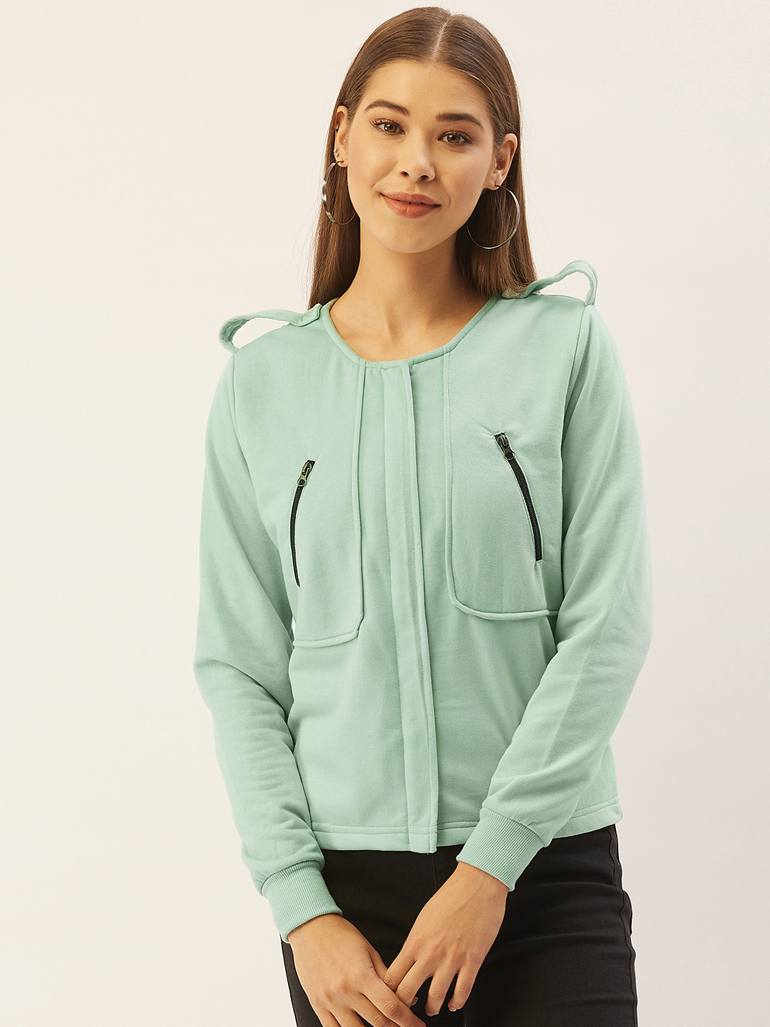 

Belle Fille Women Sea Green Solid Fleece Lightweight Tailored Jacket