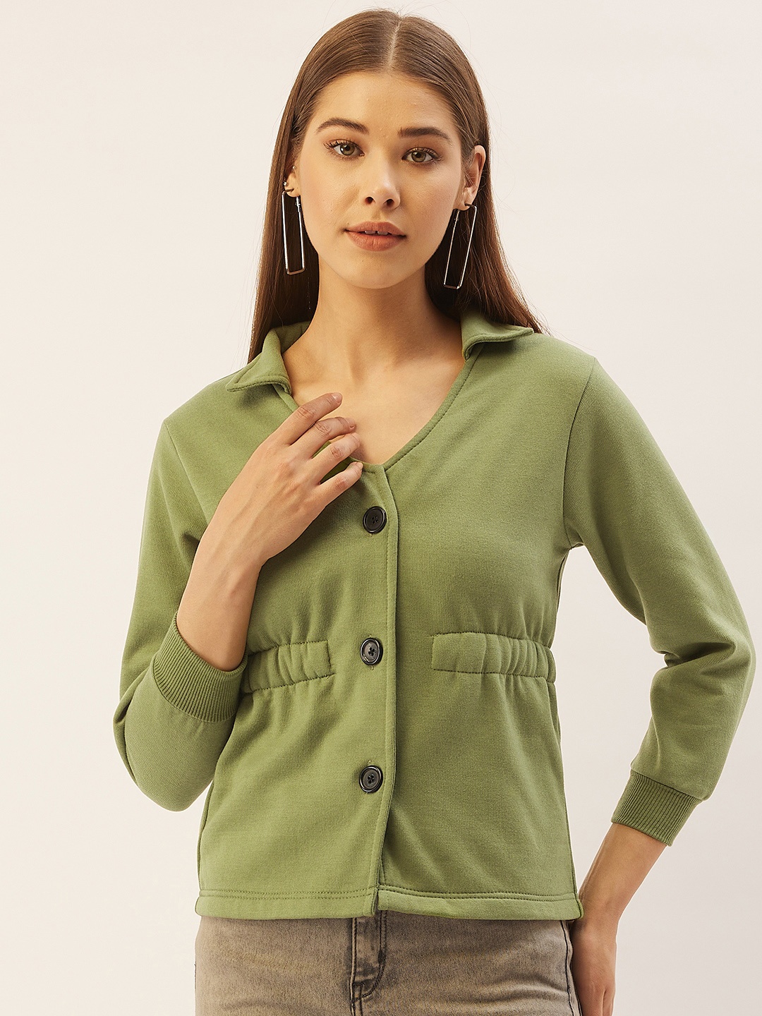 

Belle Fille Women Olive Green Fleece Lightweight Tailored Jacket