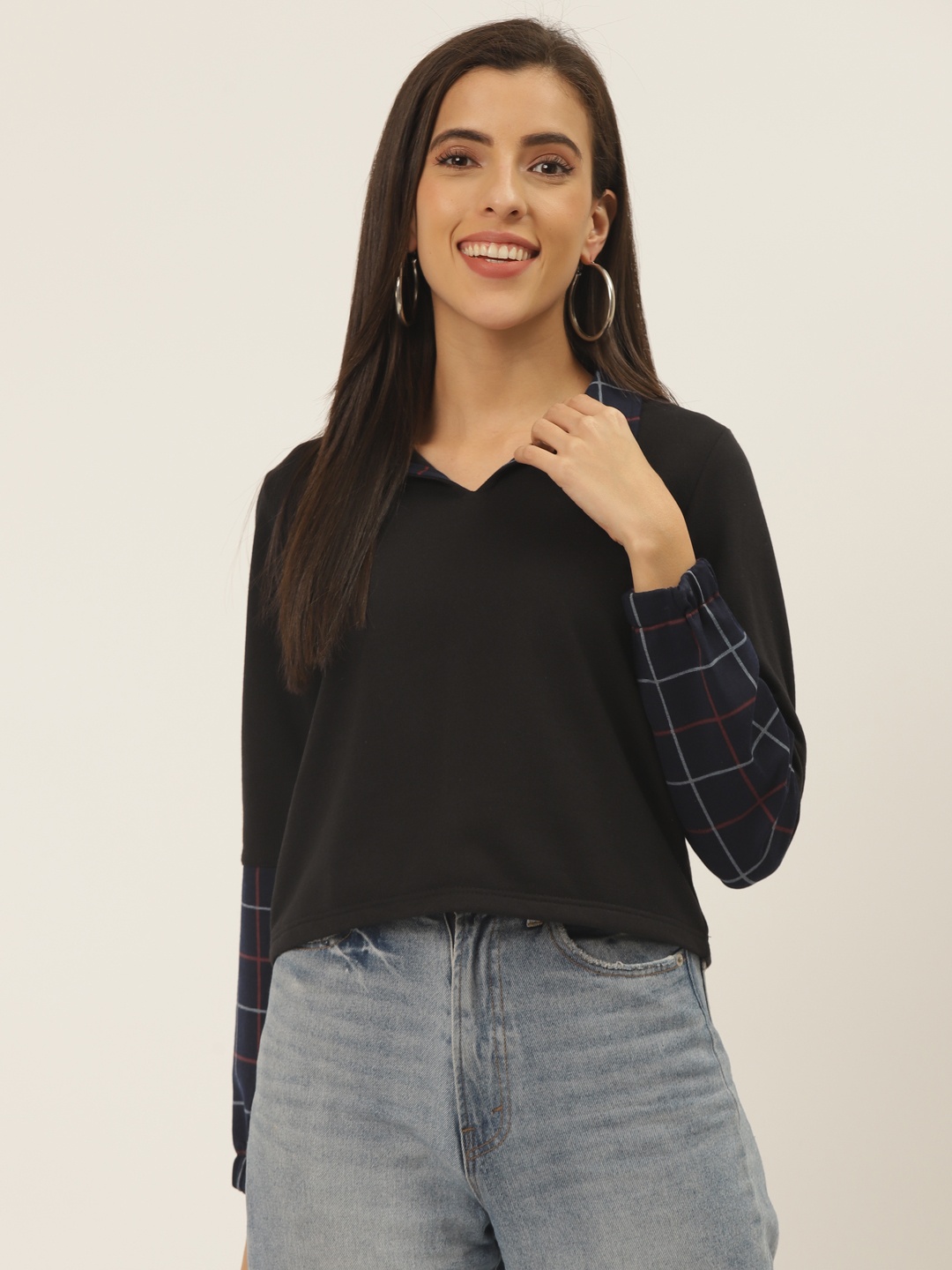 

Belle Fille Women Black & Navy Blue Solid Shirt Collar Sweatshirt