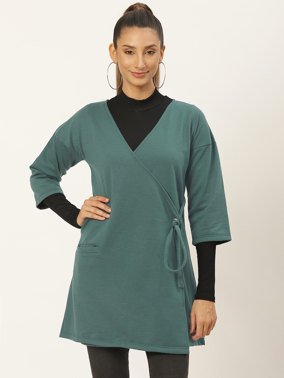 

Belle Fille Women Teal Green Fleece Lightweight Longline Wrap Tailored Jacket
