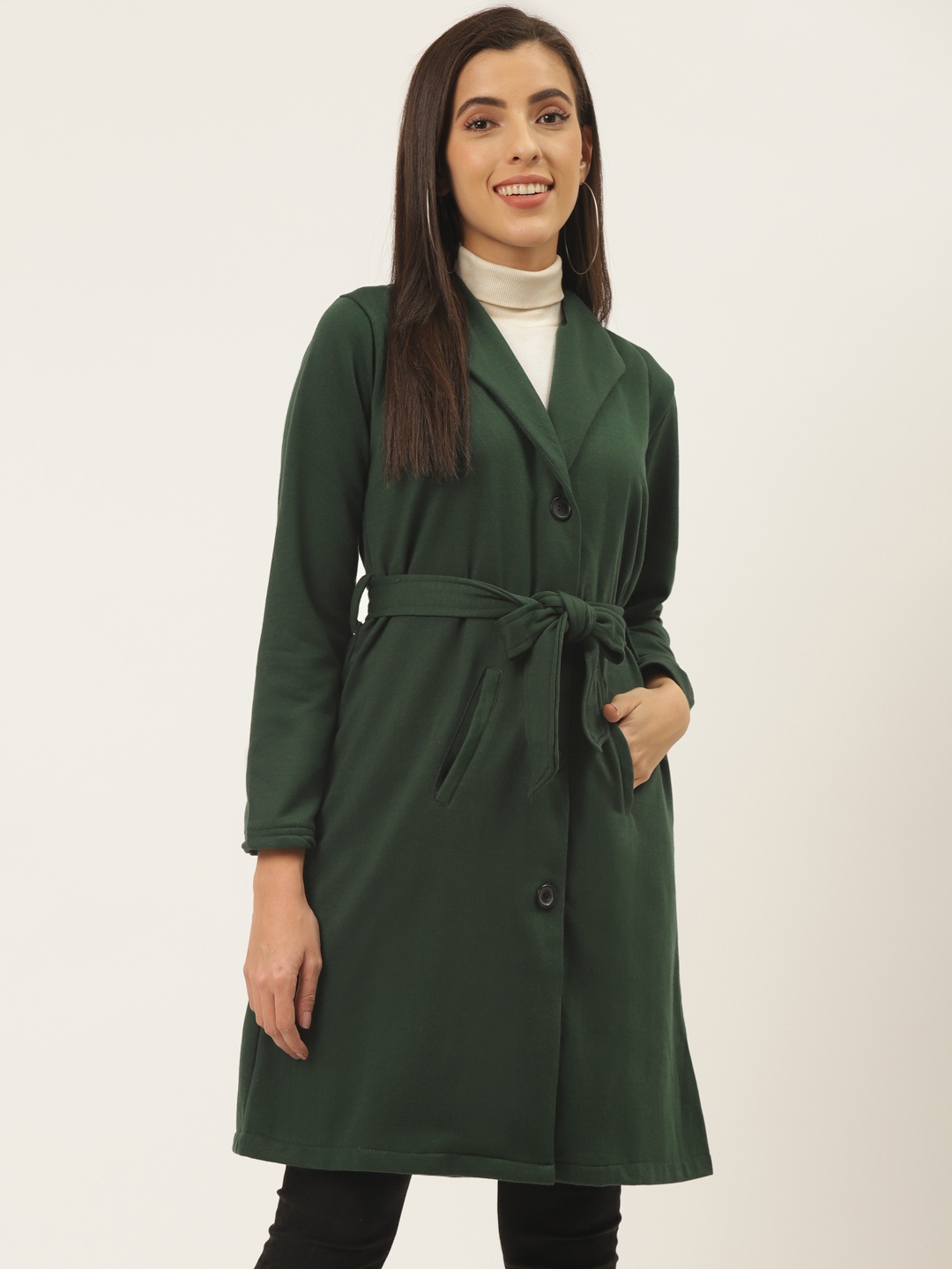 

Belle Fille Women Green Solid Fleece Longline Overcoat