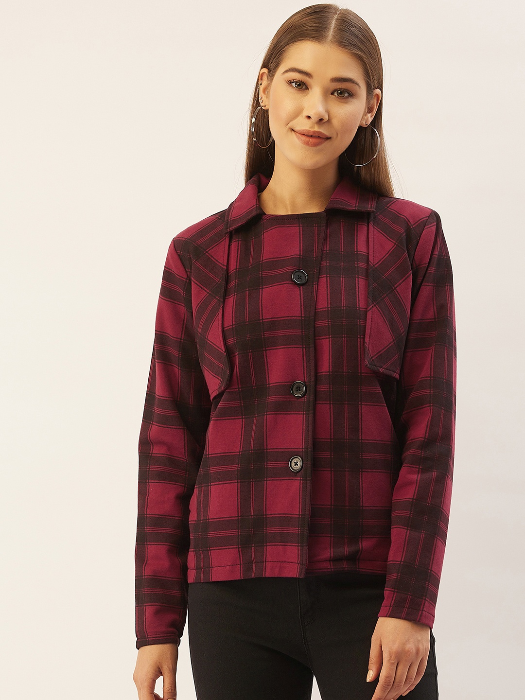 

Belle Fille Women Maroon & Black Checked Lightweight Tailored Jacket