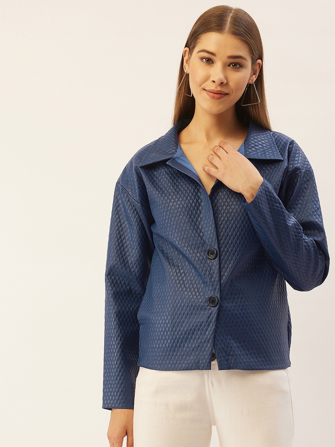 

Belle Fille Women Navy Blue Self Design Lightweight Quilted Jacket