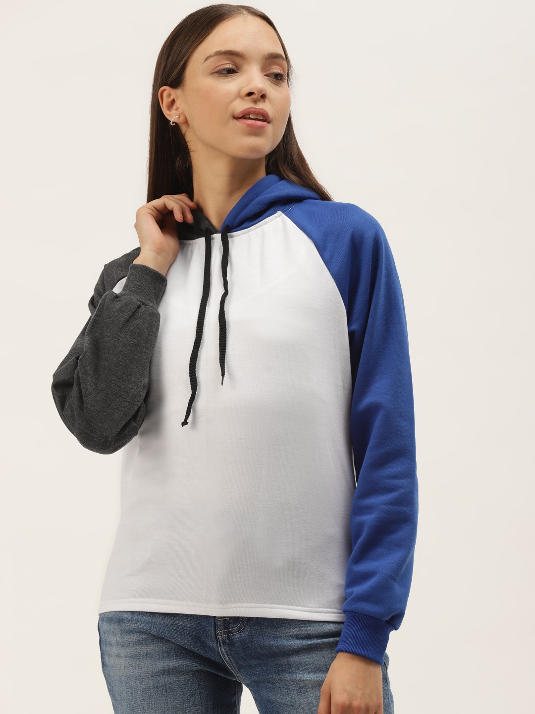 

Belle Fille Women Blue & White Solid Hooded Sweatshirt