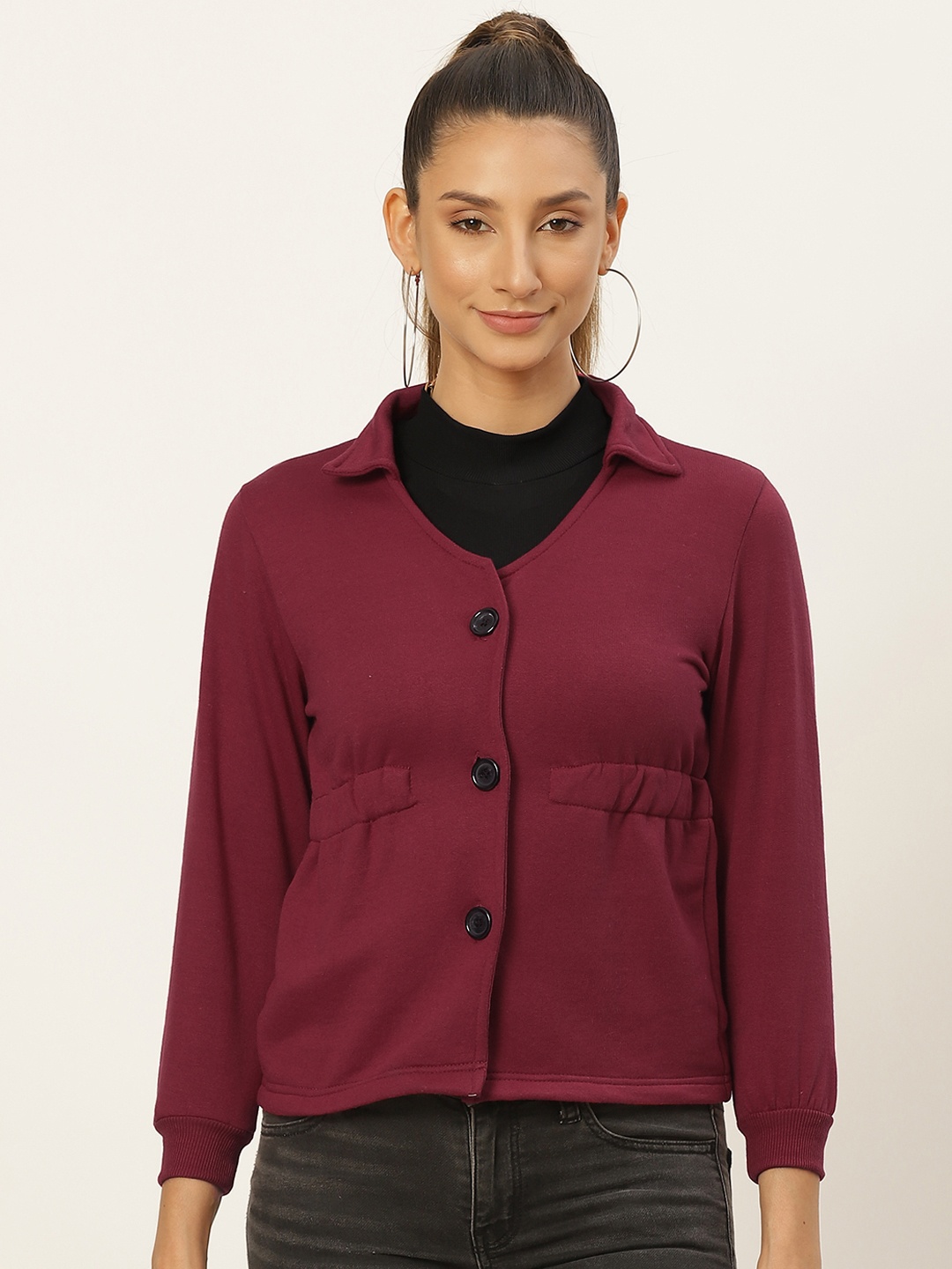 

Belle Fille Women Maroon Solid Fleece Lightweight Tailored Jacket