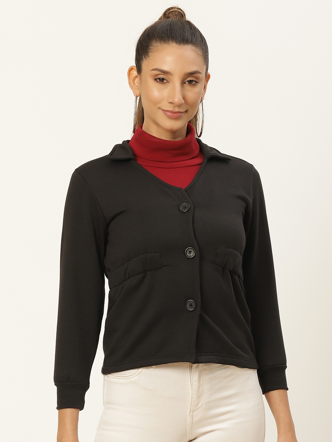 

Belle Fille Women Black Solid Fleece Lightweight Tailored Jacket