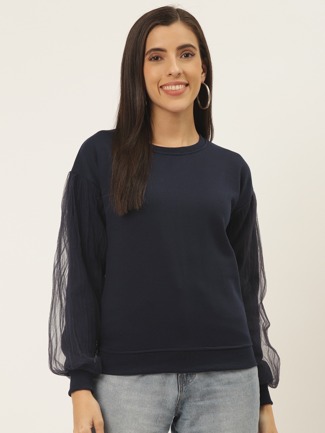 

Belle Fille Women Navy Blue Solid Puff Sleeves Sweatshirt