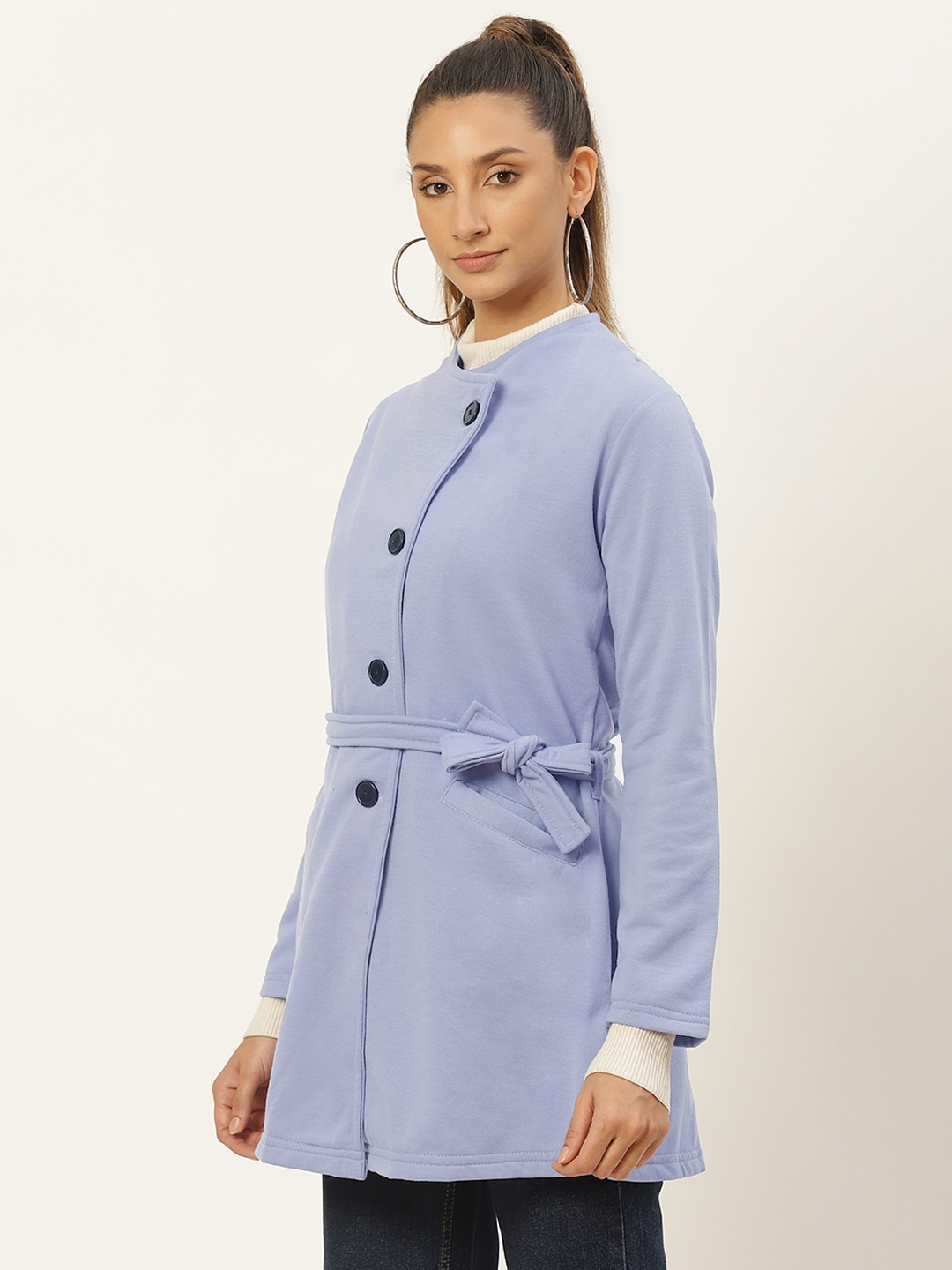 

Belle Fille Women Blue Solid Fleece Lightweight Longline Tailored Jacket