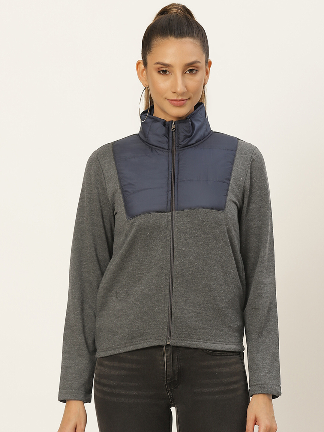 

Belle Fille Women Charcoal Grey & Navy Blue Colourblocked Fleece Lightweight Jacket