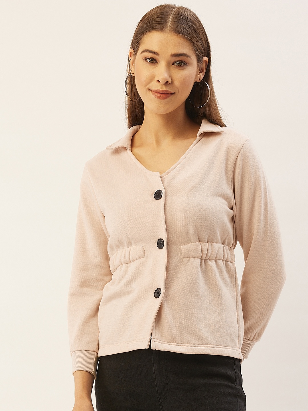 

Belle Fille Women Beige Solid Fleece Lightweight Tailored Jacket