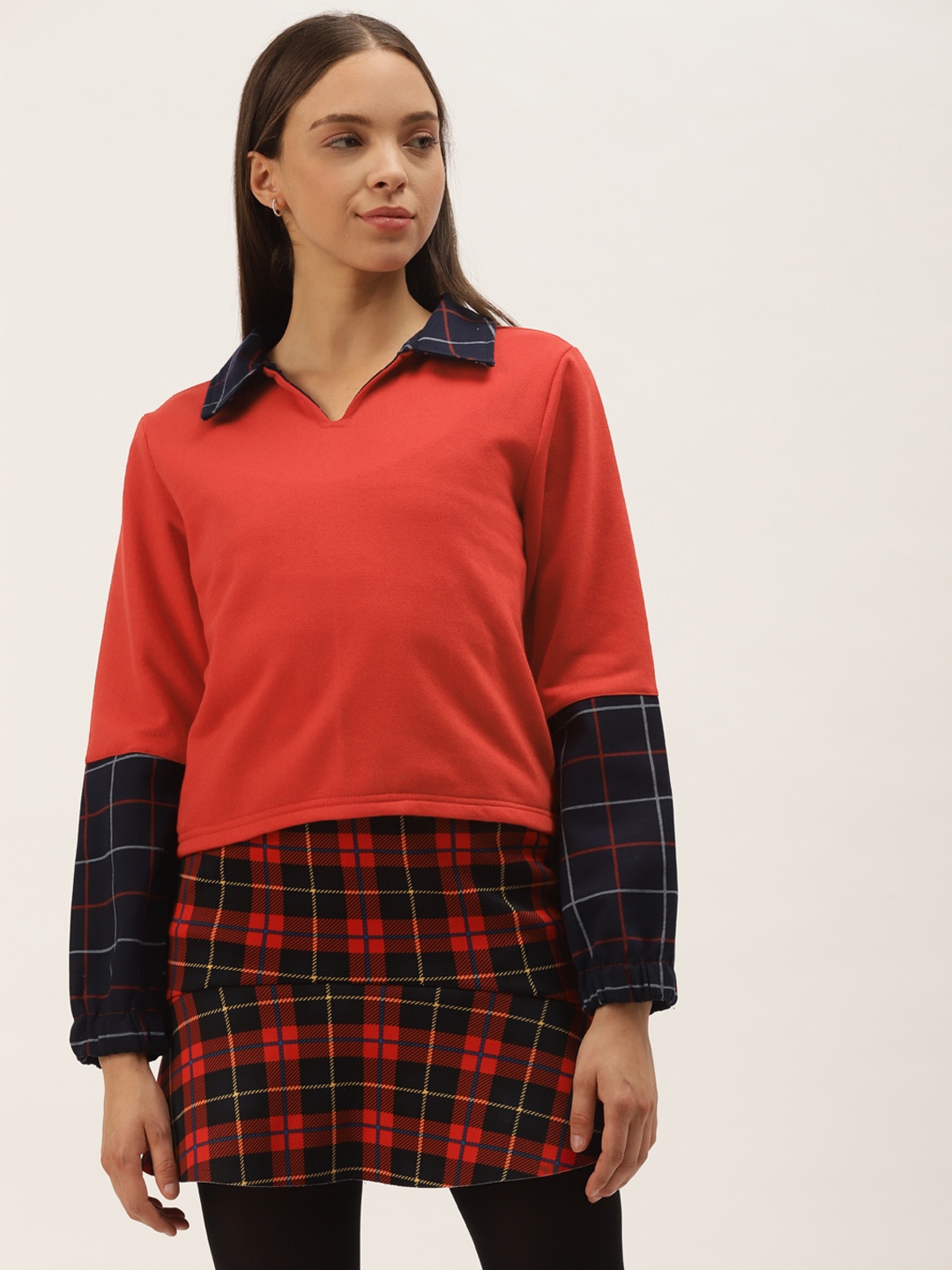 

Belle Fille Women Red & Navy Blue Solid Shirt Collar Sweatshirt