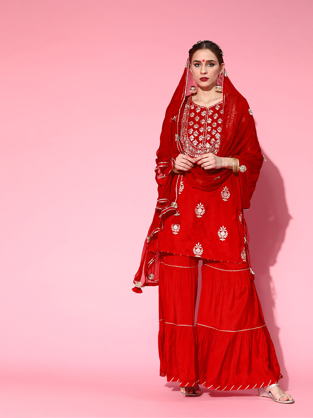 

Ishin Women Red Floral Embroidered Regular Kurta with Sharara & With Dupatta