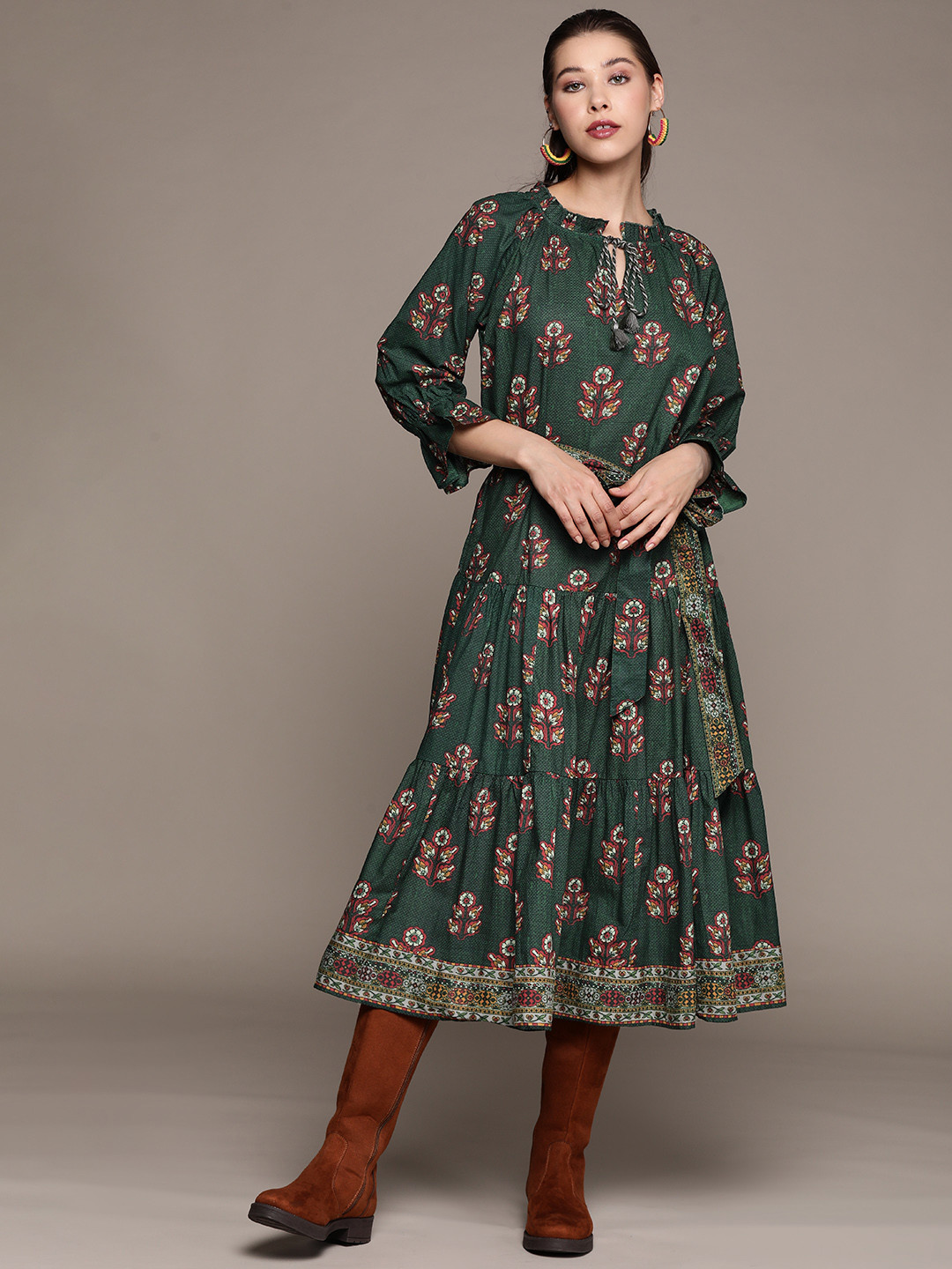 

aarke Ritu Kumar Green Floral Tie-Up Neck A-Line Midi Dress
