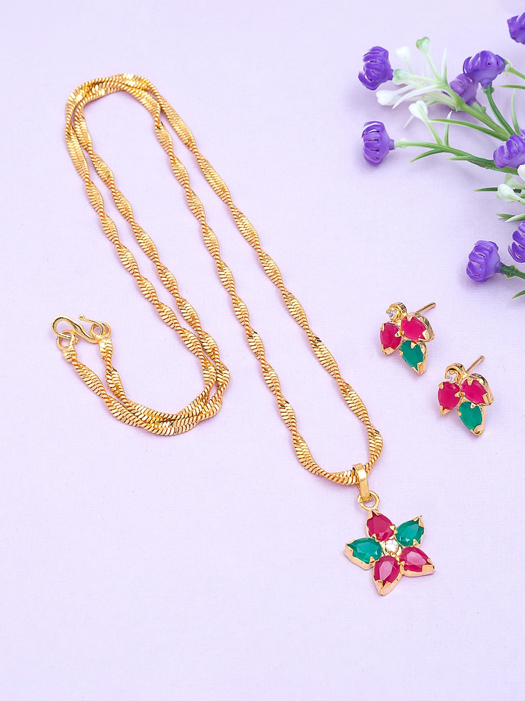 

Golden Peacock Woman Gold-Toned Pink & Green Stone Studded Floral Jewellery Set